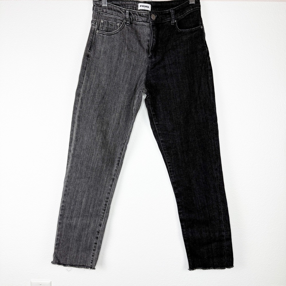 RSQ Kids Two Tone Split Leg Jeans Black Grey High Rise Raw Hem Size 16